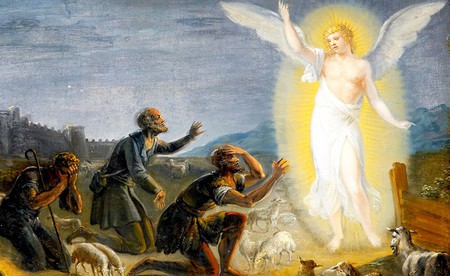 Engel verkündigt Hirten die Geburt Christi / kathbild.at Darstellung auf Altarbild in Aspern
